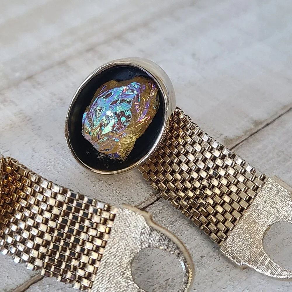 Vintage Cufflinks Volcanic Lava Glass Irridescent Gold Tone